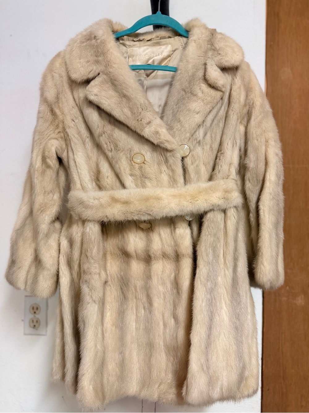 Women's Cream Real Fur Belted Long Coat